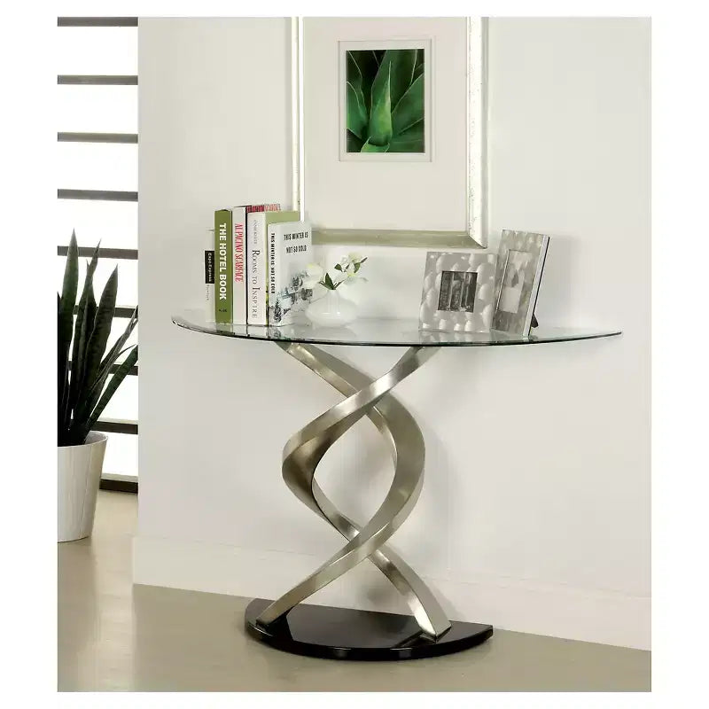 Kelsi Modern Twisting Glass Top Sofa Table Satin Plated/Black - HOMES: Inside + Out: Entryway Half Moon Console