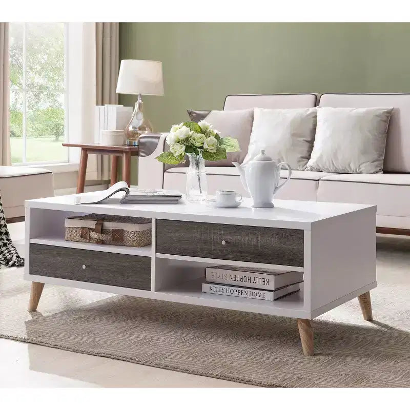 Table basse de transition à deux tiroirs Weller gris foncé/blanc : Rangement, étagère ouverte - HOMES: Inside + Out