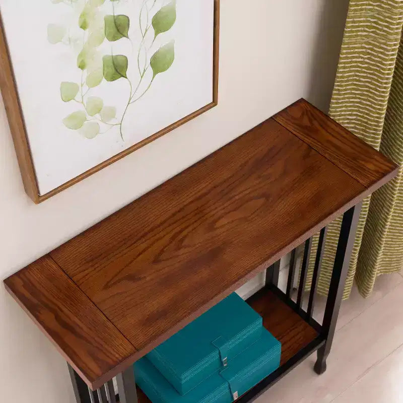 Leick Home Ironcraft Hall Stand - Mission Oak: Entryway Table with Shelf, CARB Certified, Wood Frame