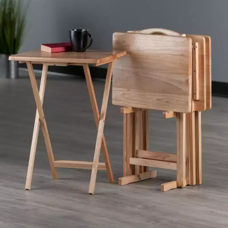 4pc Alex Snack Table Set Natural - Winsome: Wood Construction, Foldable Design, Storage Rack Included