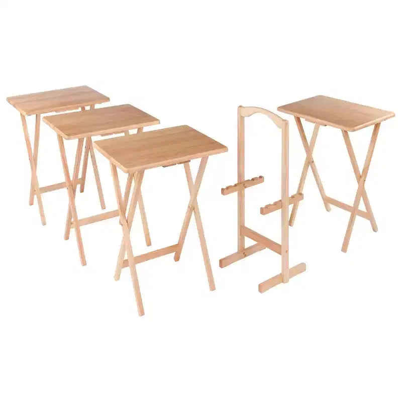 4pc Alex Snack Table Set Natural - Winsome: Wood Construction, Foldable Design, Storage Rack Included