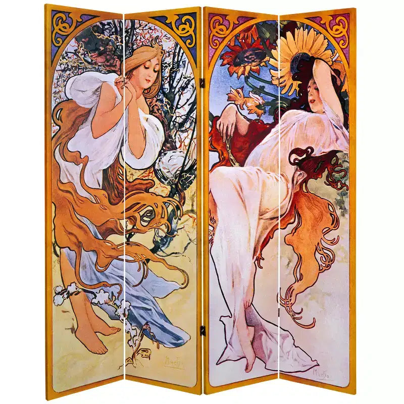 6' Tall Double Sided Four Seasons Canvas Room Divider - Oriental Furniture: Bohemian Style, No Assembly Required