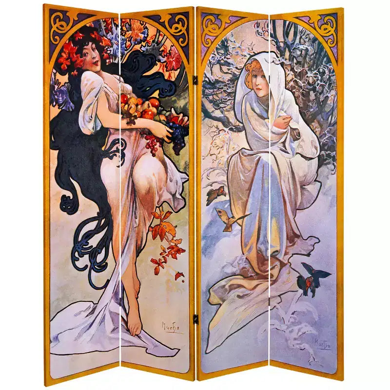 6' Tall Double Sided Four Seasons Canvas Room Divider - Oriental Furniture: Bohemian Style, No Assembly Required