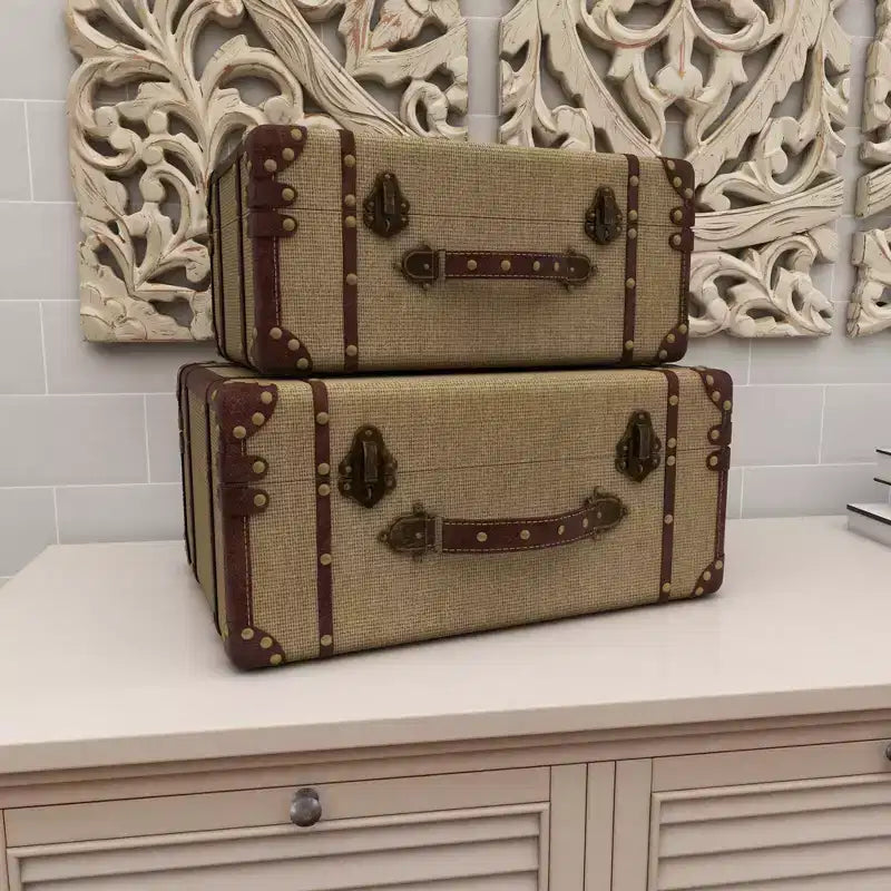 Set of 2 Wood Brown Trunks Brown - Olivia & May: Vintage Style, Hinged Lid, Fully Assembled Storage Chests
