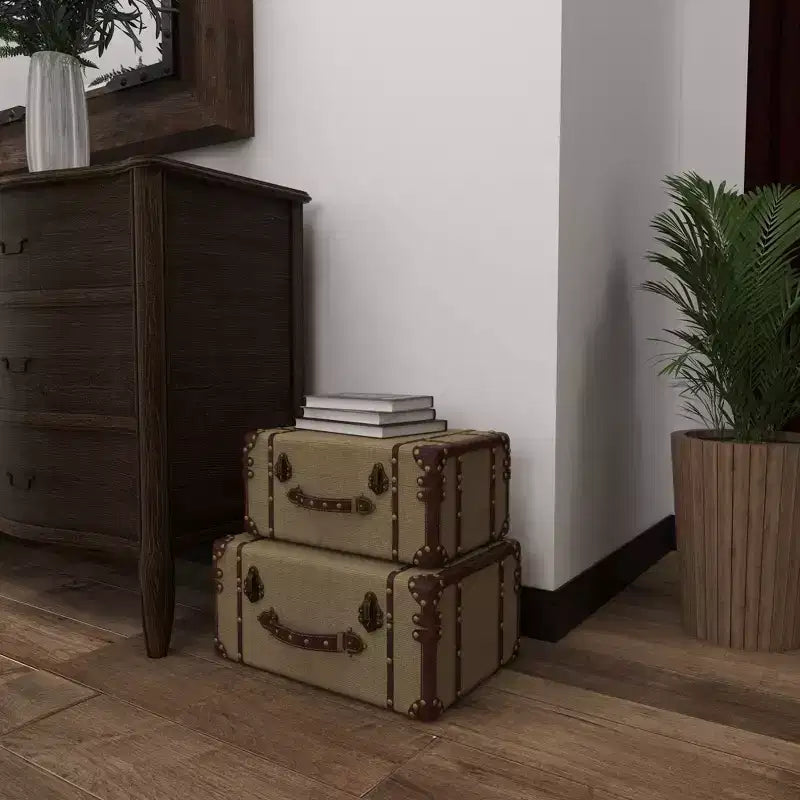 Set of 2 Wood Brown Trunks Brown - Olivia & May: Vintage Style, Hinged Lid, Fully Assembled Storage Chests
