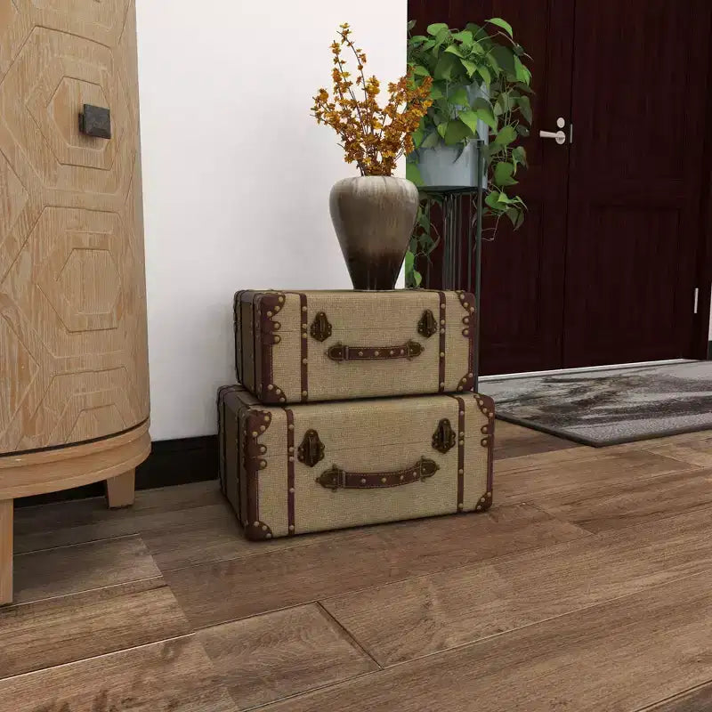 Set of 2 Wood Brown Trunks Brown - Olivia & May: Vintage Style, Hinged Lid, Fully Assembled Storage Chests