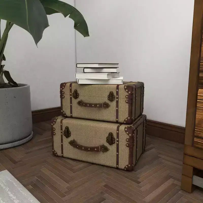 Set of 2 Wood Brown Trunks Brown - Olivia & May: Vintage Style, Hinged Lid, Fully Assembled Storage Chests