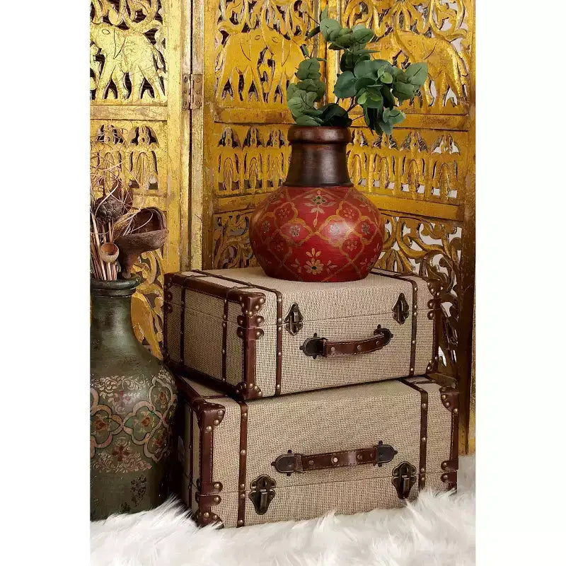 Set of 2 Wood Brown Trunks Brown - Olivia & May: Vintage Style, Hinged Lid, Fully Assembled Storage Chests