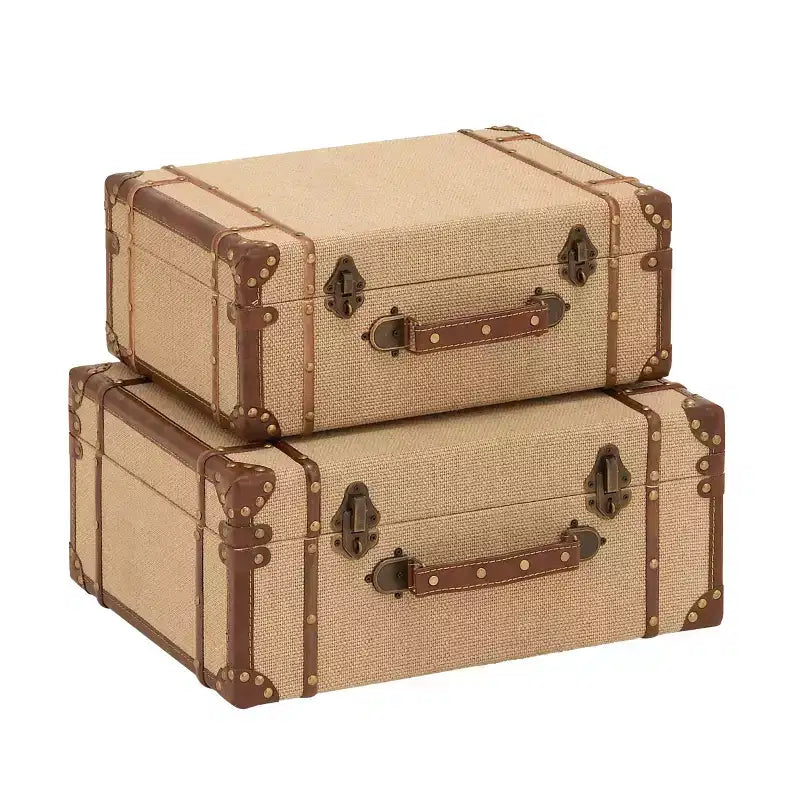 Set of 2 Wood Brown Trunks Brown - Olivia & May: Vintage Style, Hinged Lid, Fully Assembled Storage Chests