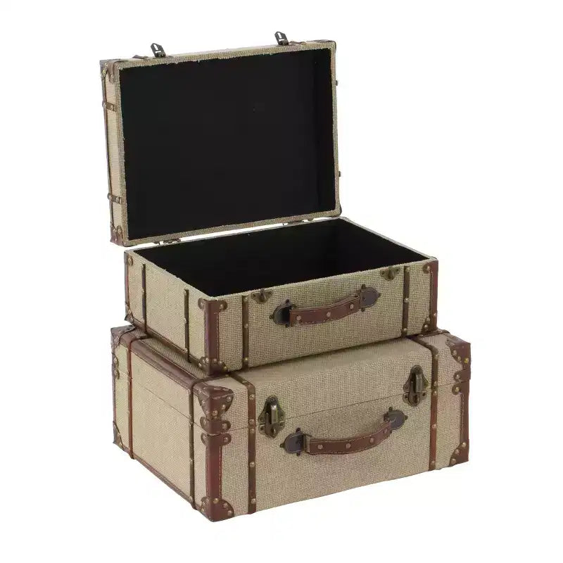 Set of 2 Wood Brown Trunks Brown - Olivia & May: Vintage Style, Hinged Lid, Fully Assembled Storage Chests