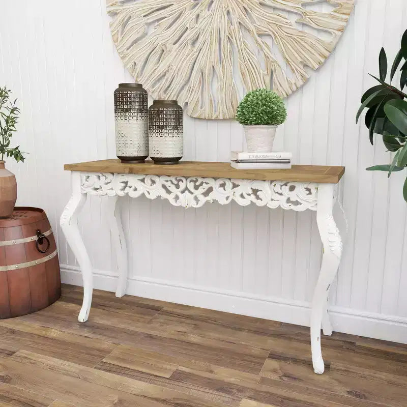 Wood Parisian Design Floral Ornate Detailing Console Table White - Olivia & May