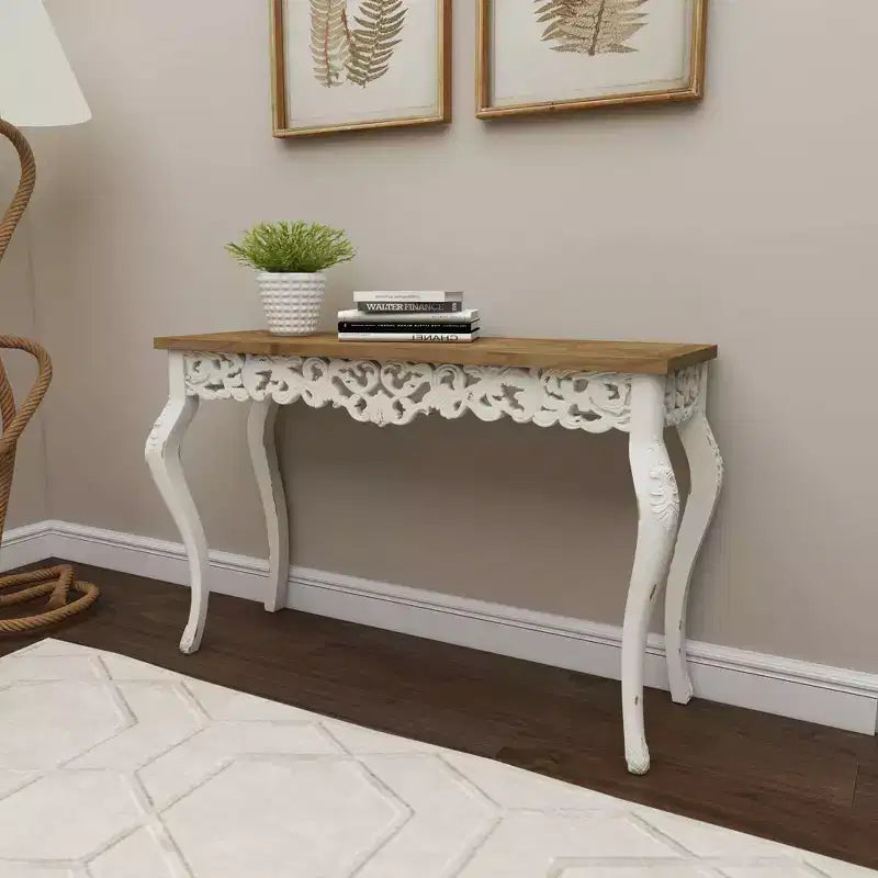 Wood Parisian Design Floral Ornate Detailing Console Table White - Olivia & May