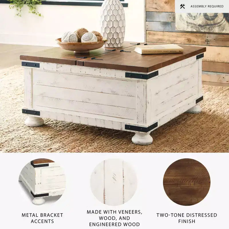 Wystfield Cocktail Table with Storage White/Brown - Signature Design by Ashley: Rectangular Lift-Top, Distressed Two-Tone Finish