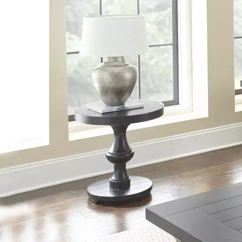 Dory Round End Table Black - Steve Silver: Elegant Pedestal, Glossy Finish, Carved Support, Wood Veneer
