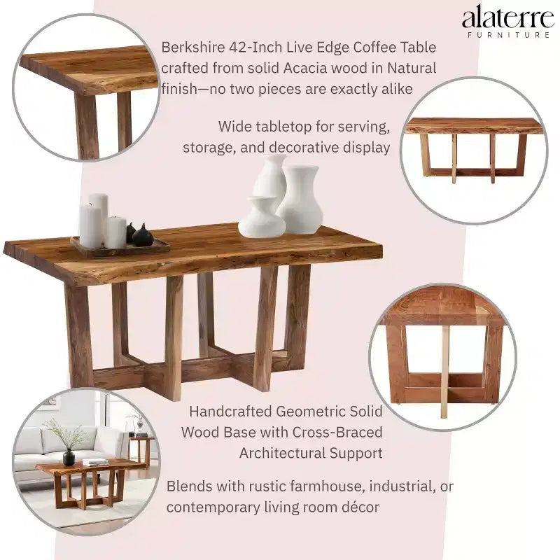 Table basse Alaterre Furniture 42" Berkshire en bois massif naturel marron avec bords bruts : Acacia, finition non toxique, piètement en forme.