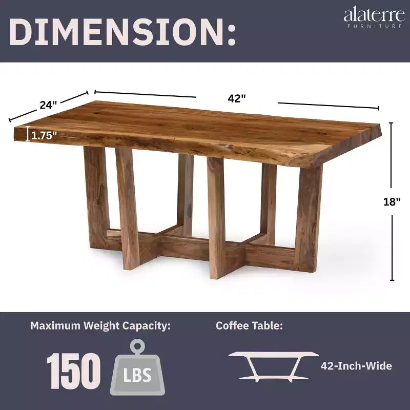 Table basse Alaterre Furniture 42" Berkshire en bois massif naturel marron avec bords bruts : Acacia, finition non toxique, piètement en forme.