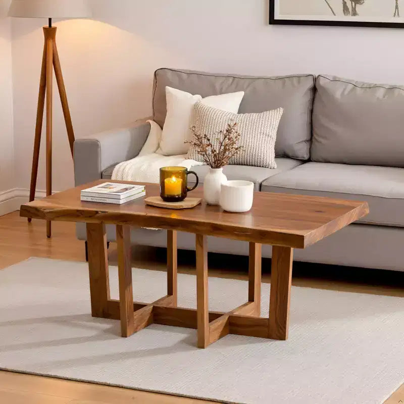 Table basse Alaterre Furniture 42" Berkshire en bois massif naturel marron avec bords bruts : Acacia, finition non toxique, piètement en forme.