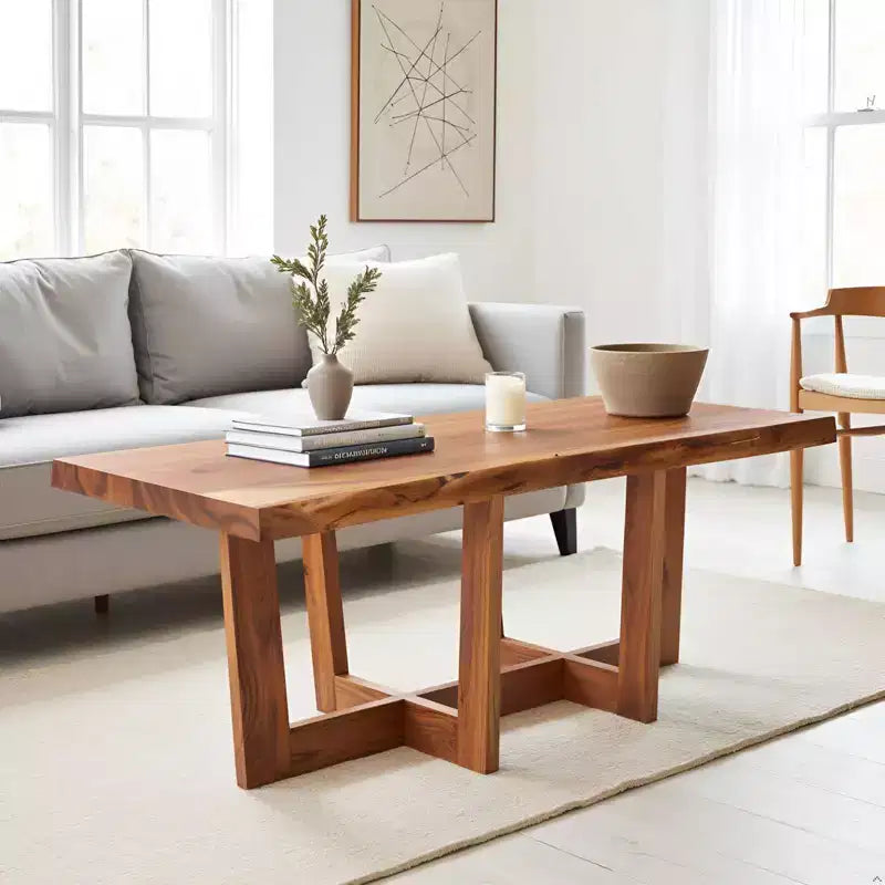 Table basse Alaterre Furniture 42" Berkshire en bois massif naturel marron avec bords bruts : Acacia, finition non toxique, piètement en forme.