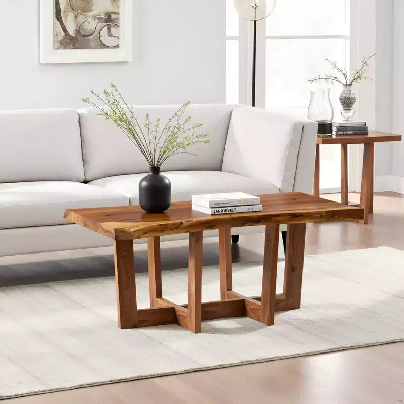 Table basse Alaterre Furniture 42" Berkshire en bois massif naturel marron avec bords bruts : Acacia, finition non toxique, piètement en forme.