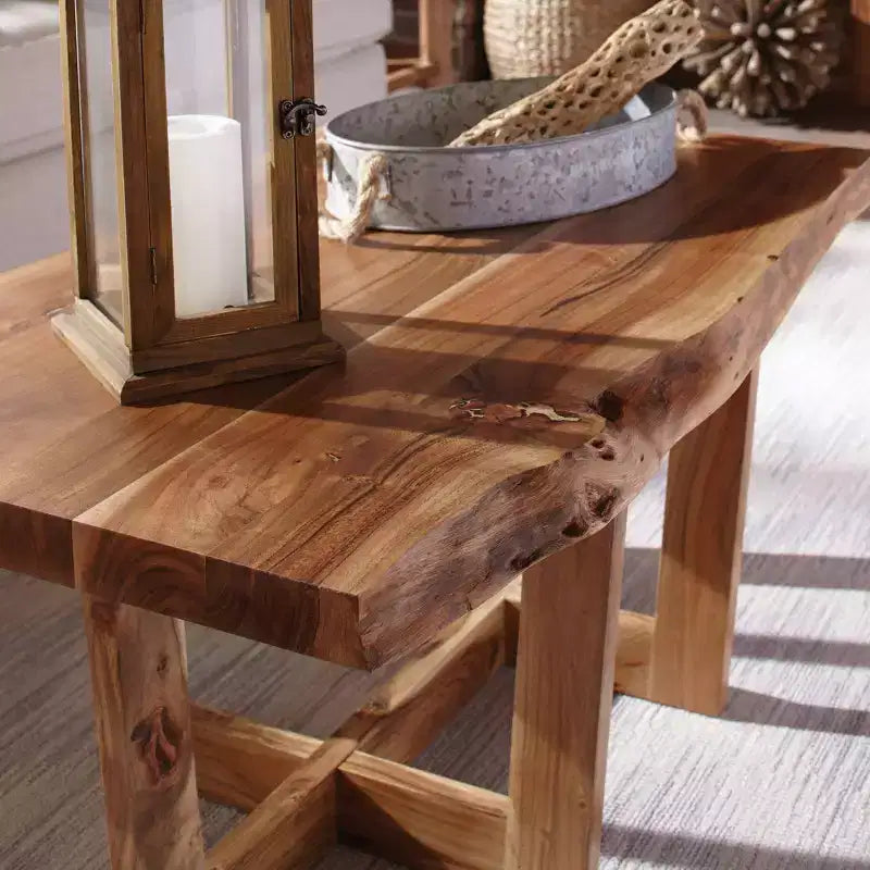 Table basse Alaterre Furniture 42" Berkshire en bois massif naturel marron avec bords bruts : Acacia, finition non toxique, piètement en forme.