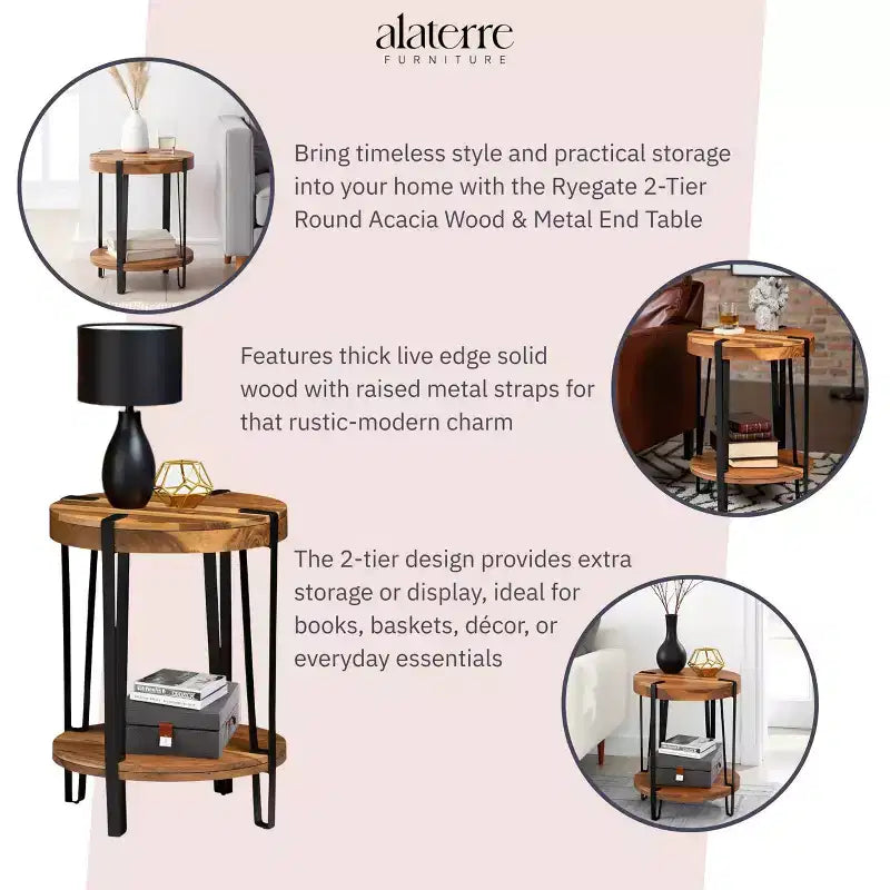 Alaterre Furniture 21" Ryegate Natural Brown Live Edge Solid Wood Round End Table Metal And Wood