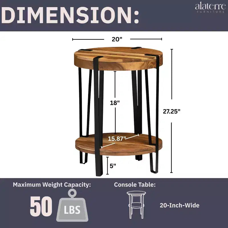 Alaterre Furniture 21" Ryegate Natural Brown Live Edge Solid Wood Round End Table Metal And Wood