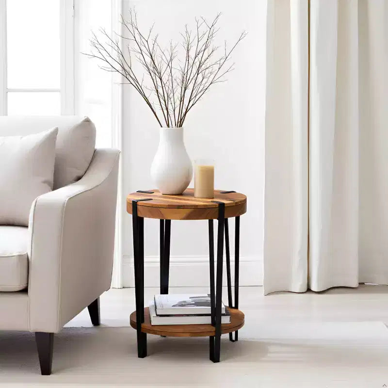 Alaterre Furniture 21" Ryegate Natural Brown Live Edge Solid Wood Round End Table Metal And Wood