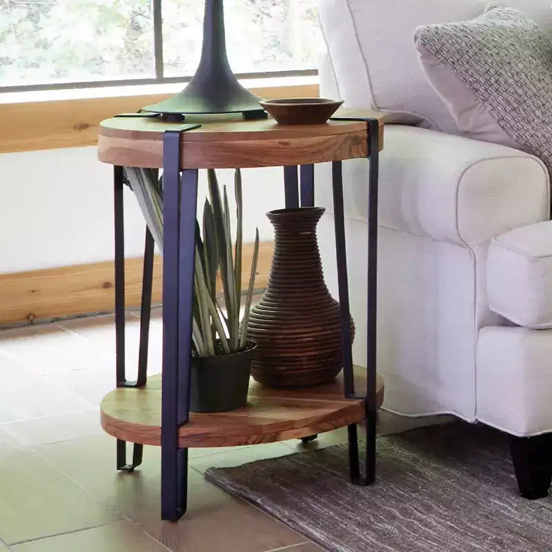 Alaterre Furniture 21" Ryegate Natural Brown Live Edge Solid Wood Round End Table Metal And Wood