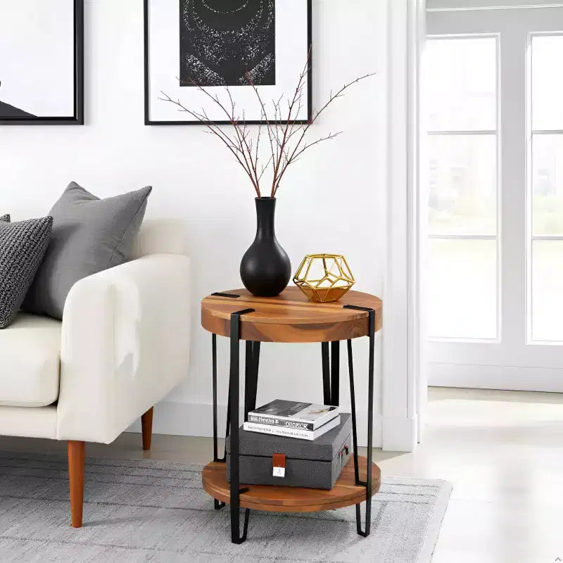 Alaterre Furniture 21" Ryegate Natural Brown Live Edge Solid Wood Round End Table Metal And Wood