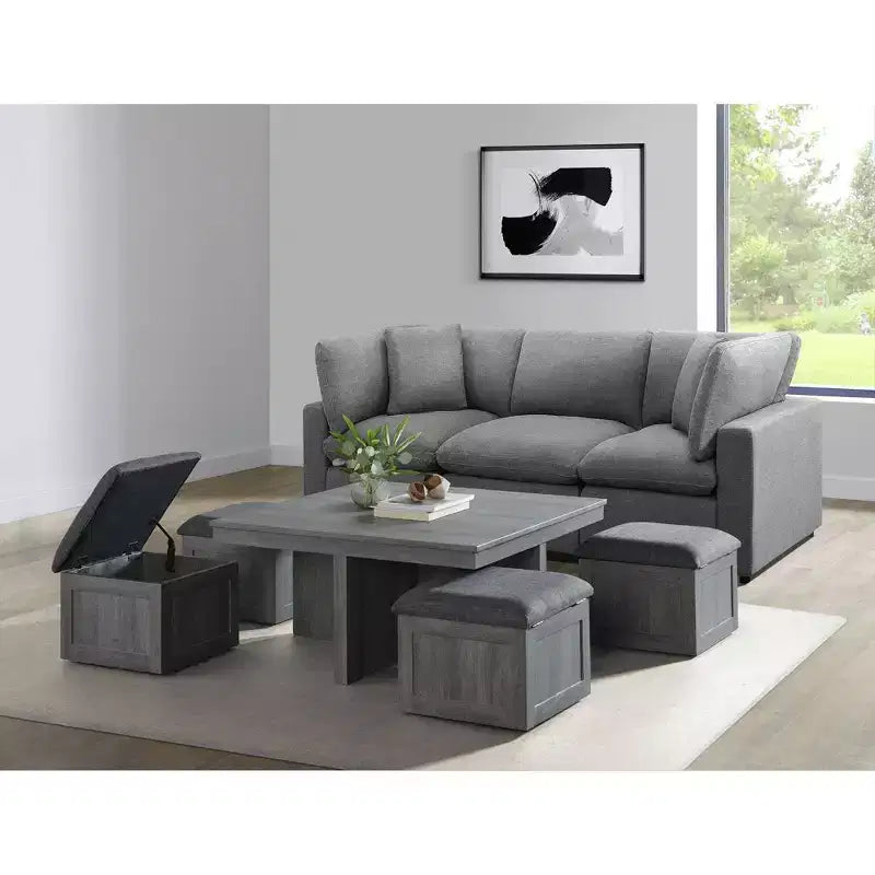 Dawson Coffee Table with 4 Storage Stools Gray - Picket House Furnishings