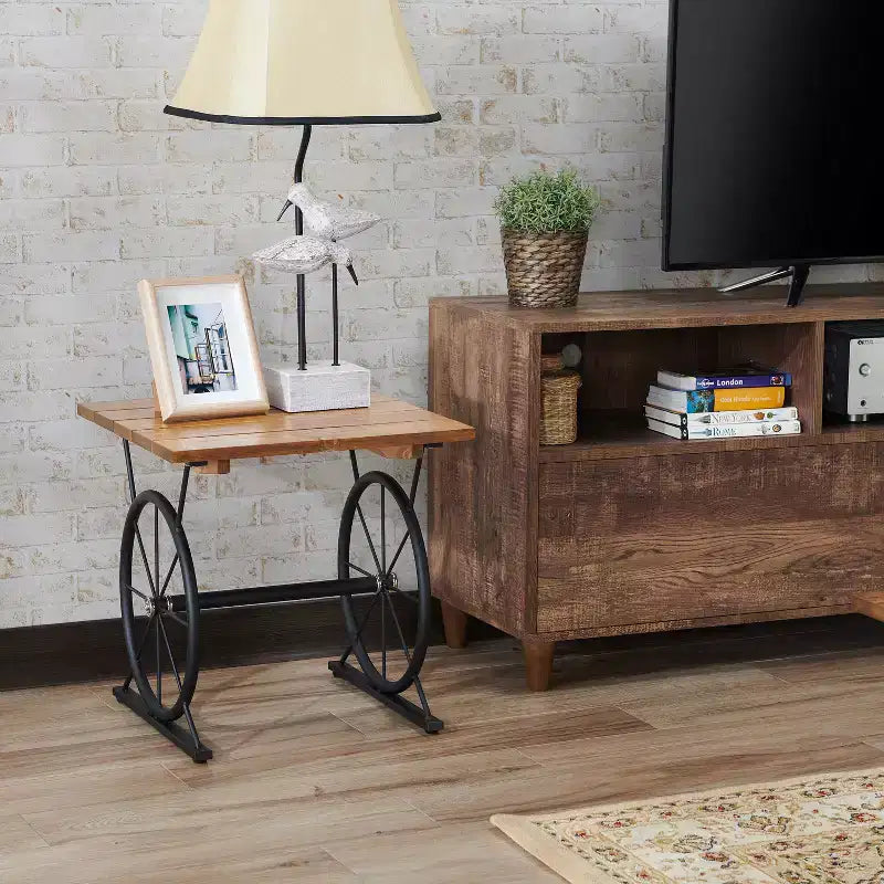 miBasics Bracken End Table Oak/Brown: Farmhouse Style, Industrial Design, Metal Frame, Wood Top, Storage Shelf