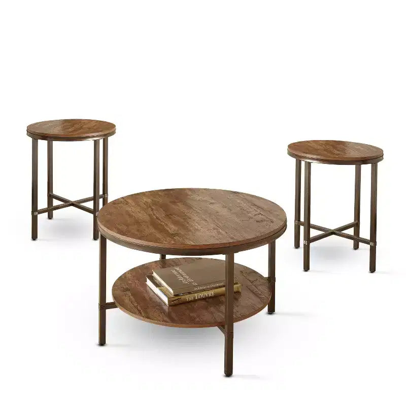 3pc Sedona Rustic Round Occasional Set Brown - Steve Silver: Faux Wood, Iron Base, Low-Gloss Finish