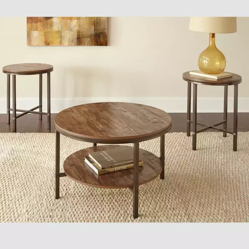 3pc Sedona Rustic Round Occasional Set Brown - Steve Silver: Faux Wood, Iron Base, Low-Gloss Finish