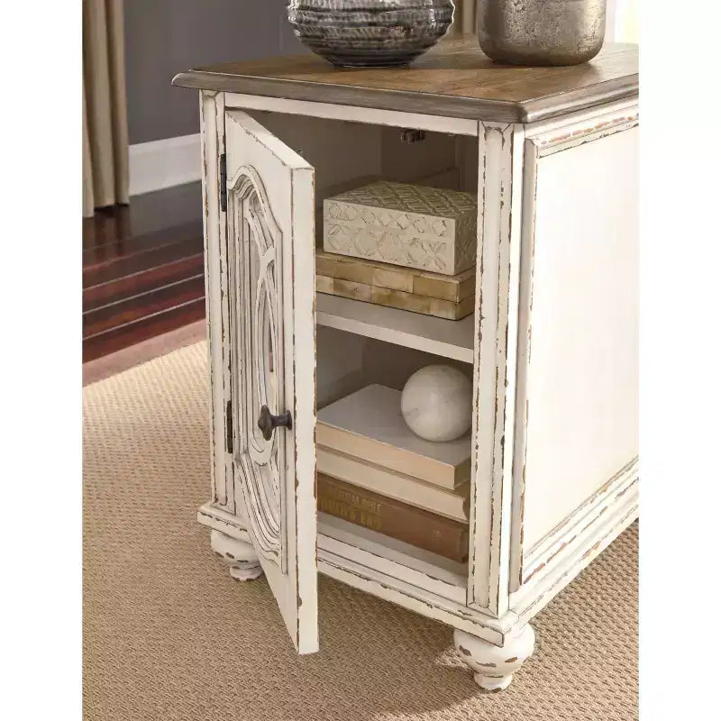 Signature Design by Ashley Realyn Chairside End Table White/Rustic Brown: Antique Distressed Look, Adjustable Shelf Storage