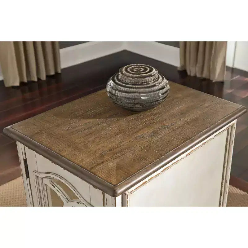 Signature Design by Ashley Realyn Chairside End Table White/Rustic Brown: Antique Distressed Look, Adjustable Shelf Storage