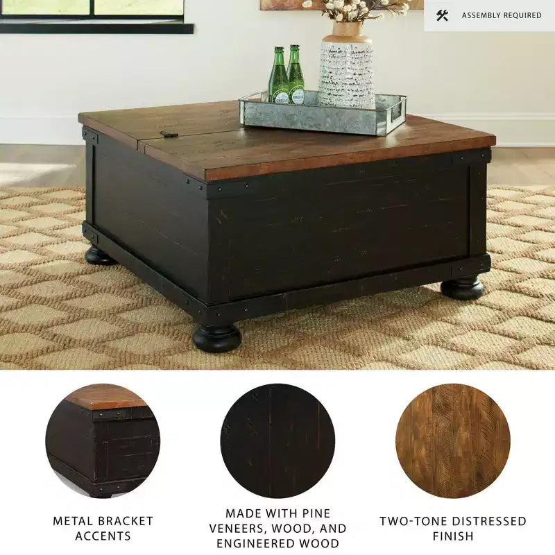 Valebeck Square Lift Top Cocktail Table Black/Brown - Signature Design by Ashley: Rustic Two-Tone, Pine Wood Veneer, 4-Leg Base