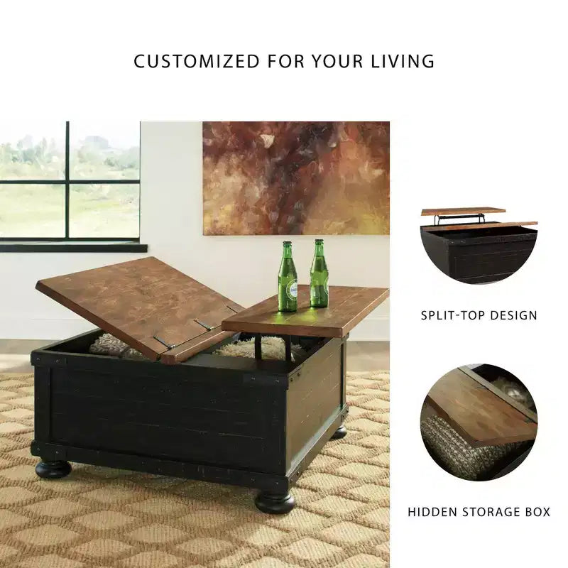 Valebeck Square Lift Top Cocktail Table Black/Brown - Signature Design by Ashley: Rustic Two-Tone, Pine Wood Veneer, 4-Leg Base