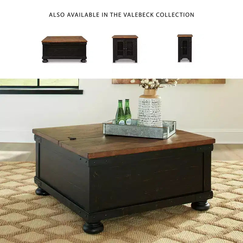 Valebeck Square Lift Top Cocktail Table Black/Brown - Signature Design by Ashley: Rustic Two-Tone, Pine Wood Veneer, 4-Leg Base