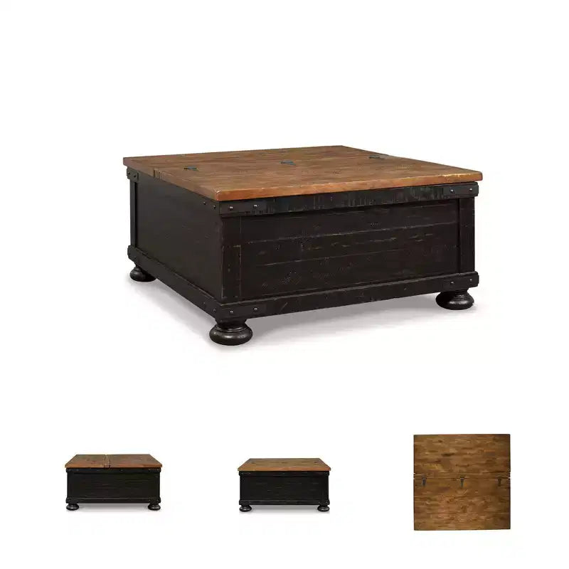 Valebeck Square Lift Top Cocktail Table Black/Brown - Signature Design by Ashley: Rustic Two-Tone, Pine Wood Veneer, 4-Leg Base