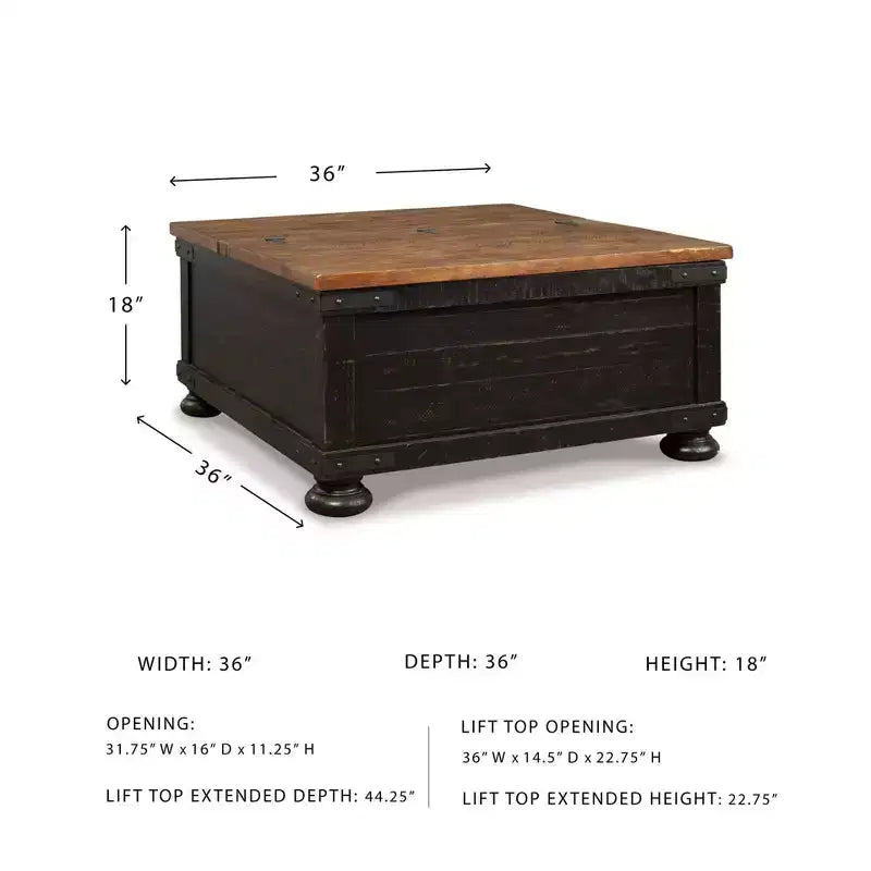 Valebeck Square Lift Top Cocktail Table Black/Brown - Signature Design by Ashley: Rustic Two-Tone, Pine Wood Veneer, 4-Leg Base