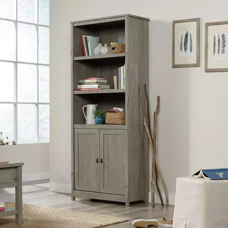 Cottage Road Library with Doors Mystic Oak - Sauder: Adjustable Shelves, Hidden Storage