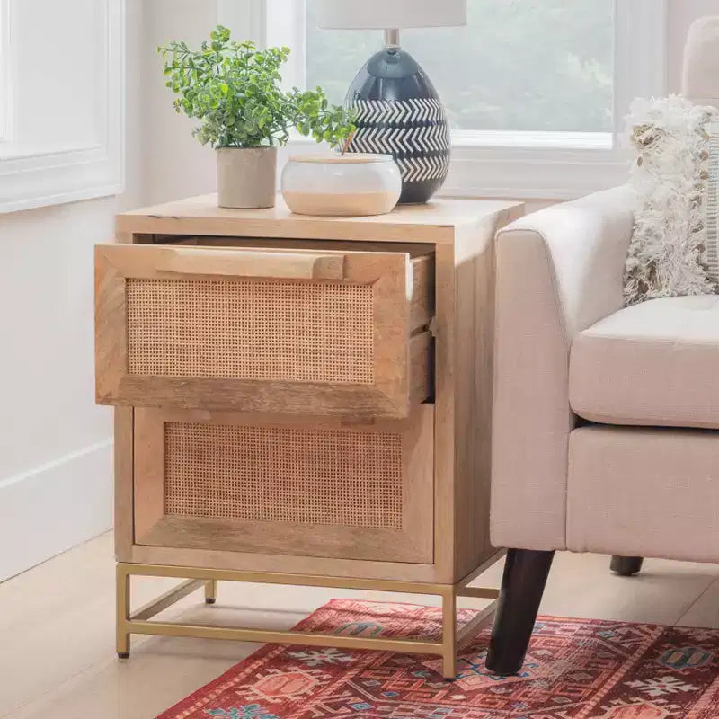 Gordon Transitional 2 Natural Cane Drawers Cabinet with Gold Metal Base - Powell