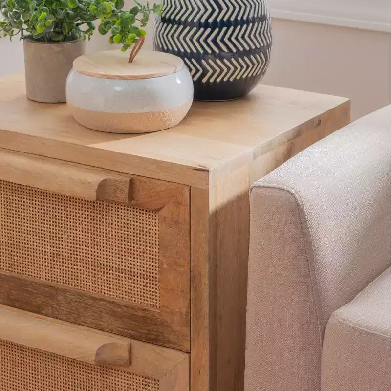 Gordon Transitional 2 Natural Cane Drawers Cabinet with Gold Metal Base - Powell