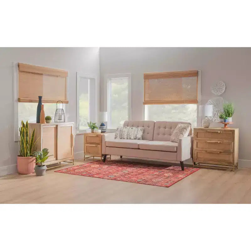 Gordon Transitional 2 Natural Cane Drawers Cabinet with Gold Metal Base - Powell