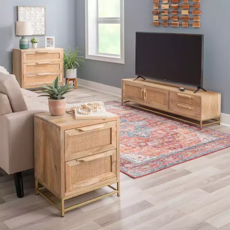Gordon Transitional 2 Natural Cane Drawers Cabinet with Gold Metal Base - Powell