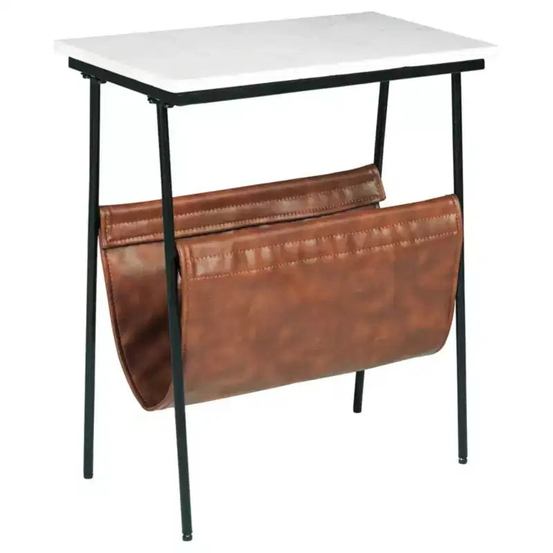 Etanbury Side Table Brown/Black/White - Signature Design by Ashley: Marble Top, Faux Leather Magazine Holder
