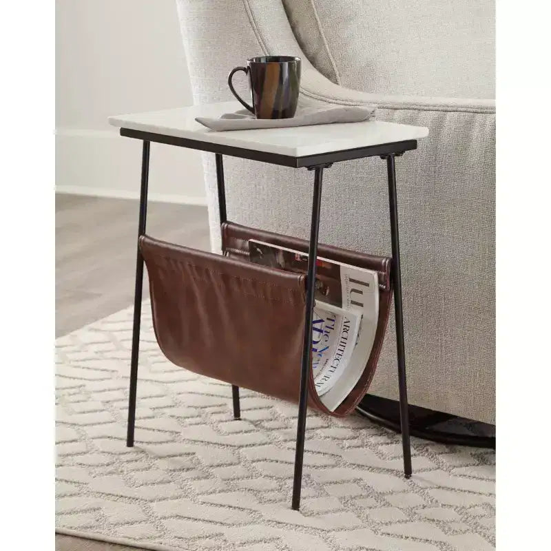 Etanbury Side Table Brown/Black/White - Signature Design by Ashley: Marble Top, Faux Leather Magazine Holder