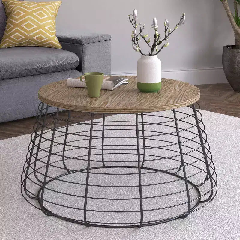 Morris Coffee Table Black - ClickDecor: Round Pedestal, Distressed Finish, Wood Composite, Metal Hardware, Living Room Storage