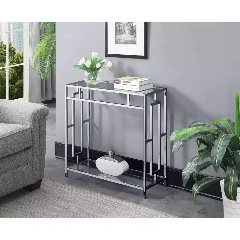 Town Square Chrome Hall Table Chrome - Breighton Home: Modern Glass Shelf, Silver Metal Frame