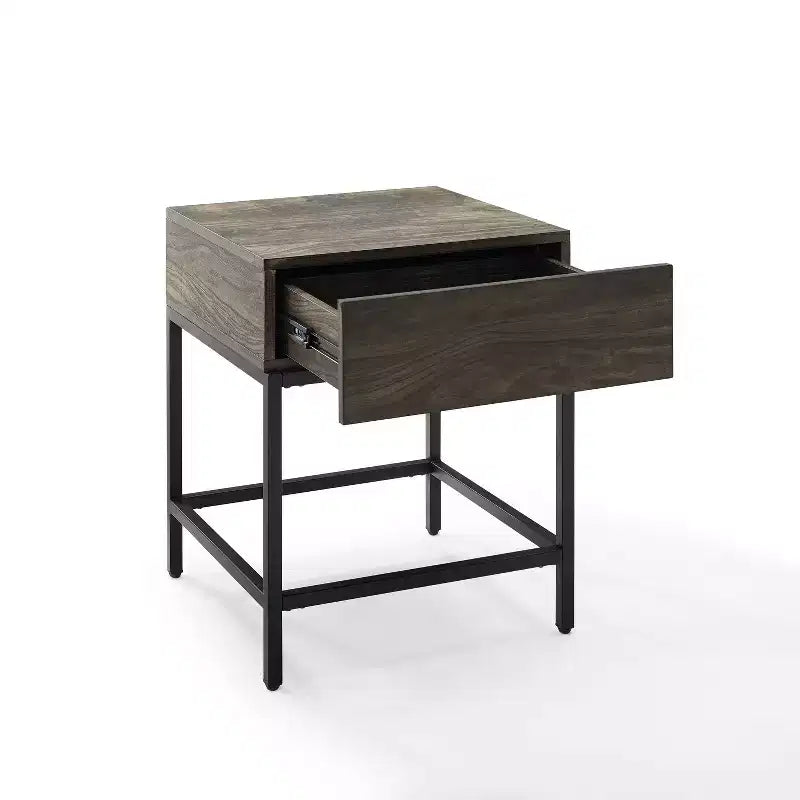 Jacobsen End Table with Drawer: Rustic Square Design, Matte Black Steel Base - Crosley